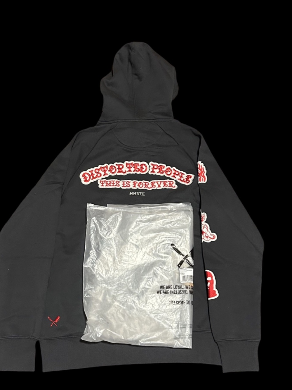 Distorted People Tattoo PatchMen's Black Graphic Hoodie Sweatshirt - Red Accents - Picture 3 of 3